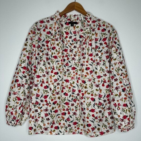 J Crew Scalloped Tie Neck Top XS Long Sleeve Vintage Floral Cottage - Picture 1 of 8